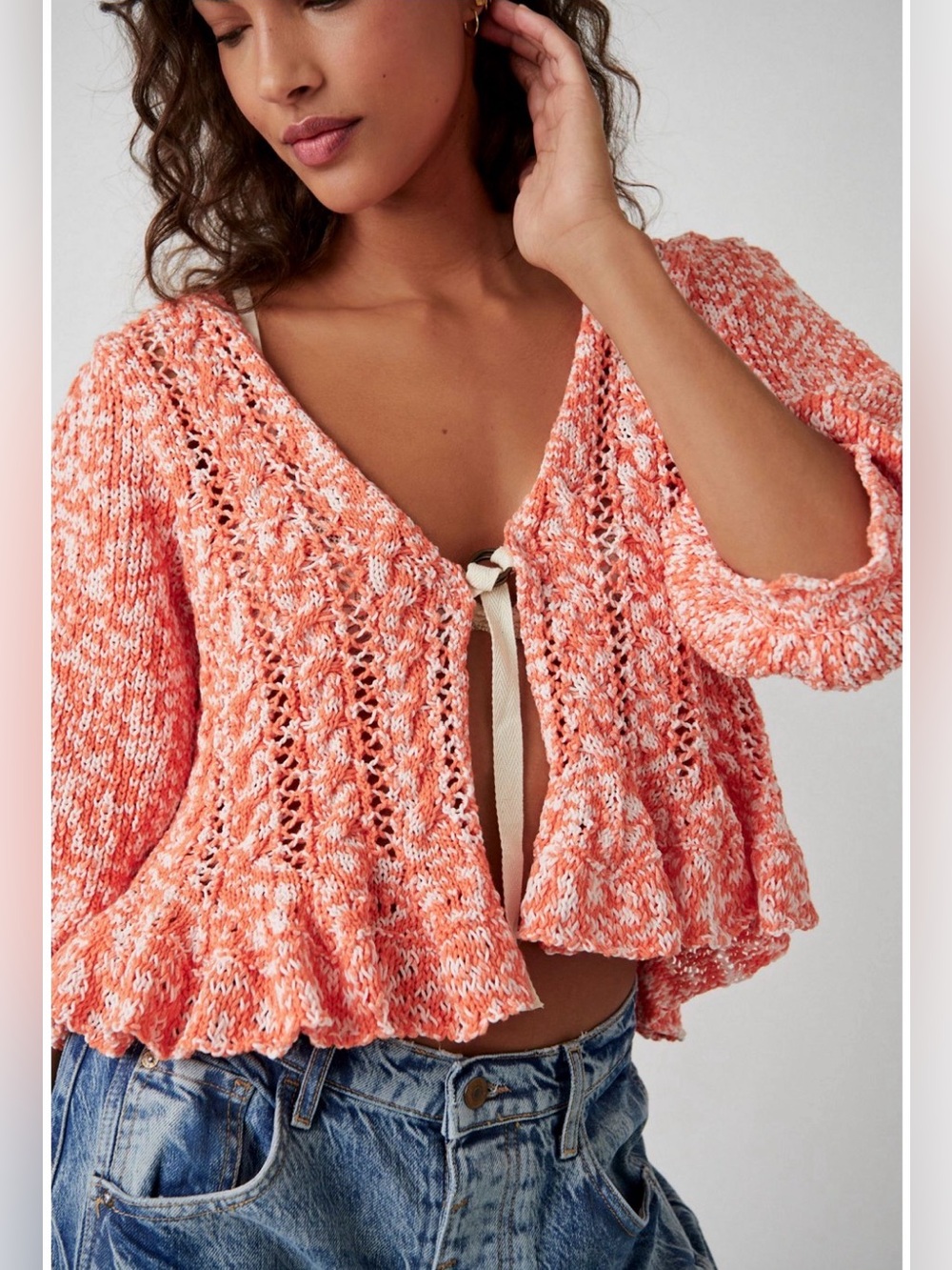 FREE PEOPLE 3/4 Length Sleeve Cardigan Sweater orange/cream-XS